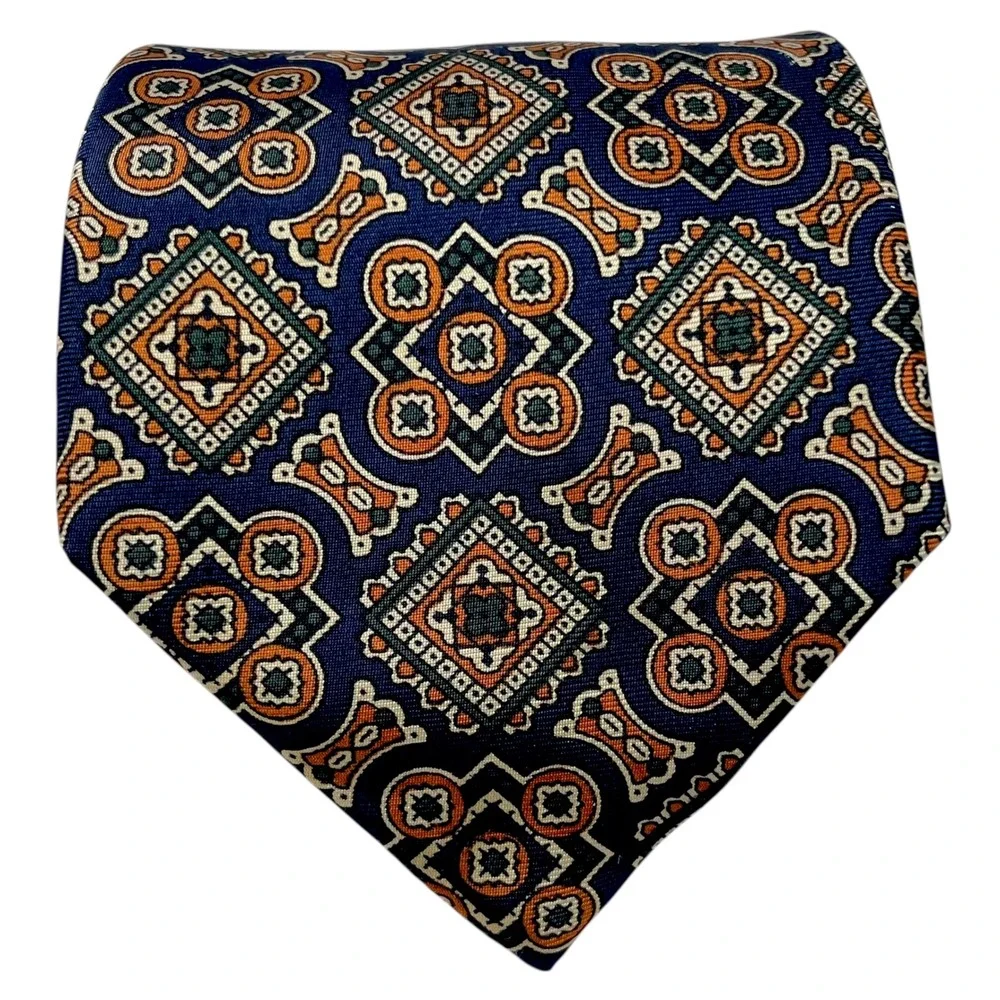 FENDI Cravatte Mens Silk Tie Navy Blue Orange Geometric Medallion Made in Italy‎